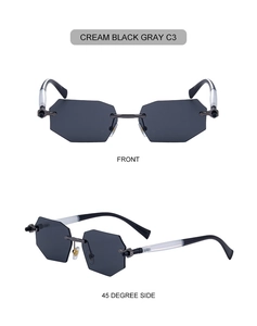 Front and 45-degree side view of rimless polygon sunglasses with gray lenses and cream temples