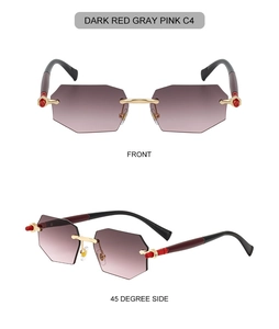 Front and side view of rimless geometric sunglasses with pink gradient lenses and gold bridge