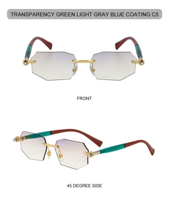 Front and 45-degree side view of C5 rimless octagonal sunglasses with gradient purple lenses
