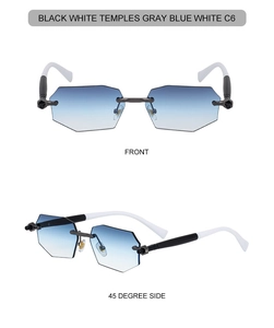 Macro detail of rimless geometric sunglasses with gray-blue gradient lenses and C6 temples