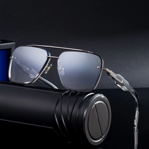 Modern square aviator sunglasses with gradient blue lenses and gunmetal hollow frame