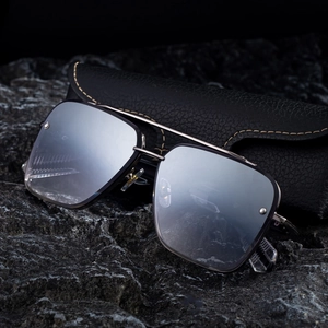 Silver square mirrored sunglasses with double bridge metal frame and black leather pouch