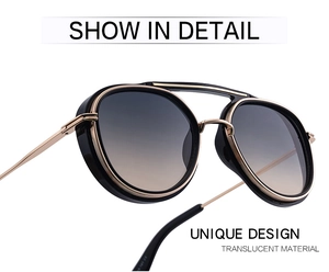 Macro detail of retro steampunk sunglasses featuring gold double bridge and round black frames