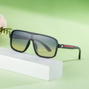 Modern square frame sunglasses with black matte finish and yellow-blue gradient lenses