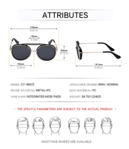 Detailed size chart for retro pilot sunglasses showing frame width and lens dimensions