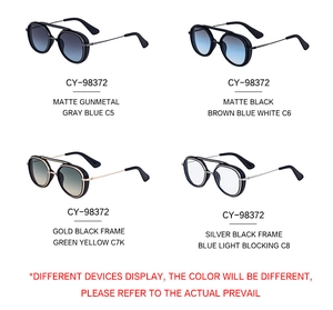 Detailed four-panel view of CY-98372 retro steampunk sunglasses with rivet metal frames