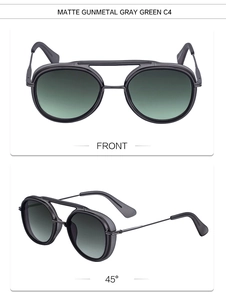 Front and 45-degree angle views of matte gunmetal gray punk sunglasses with green lenses