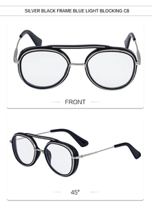 Front and 45-degree angle views of silver black retro double bridge blue light glasses