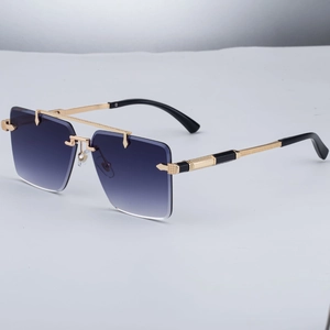 Frameless rectangle sunglasses with blue gradient lenses and gold engraved metal temples
