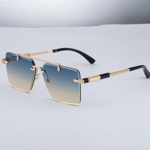 Frameless square sunglasses with gold metal double bridge and gradient blue-orange lenses