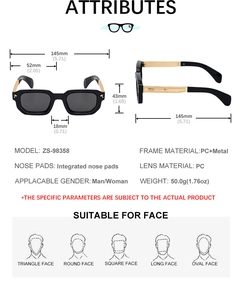 Detailed specs of square sunglasses with PC lenses and metallic temples
