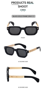 Detailed views of black gold square sunglasses with embossed metal temples and gray lenses