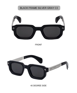 Front and side view of square sunglasses with black frame and silver gray lenses