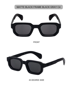 Detailed view of matte black square frame sunglasses with T-logo hinge and grey lenses