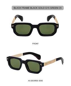 Detail of square sunglasses with gold metal temples and embossed arrow pattern