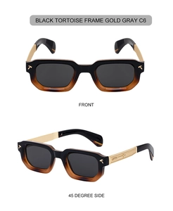 Front and side view of square sunglasses with tortoise frames and gold metal temples