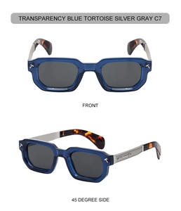 Detail of square sunglasses with transparent blue frames and silver T-shaped metal hinges