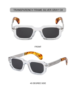 Detail view of square sunglasses with transparent frame and silver-gray lenses