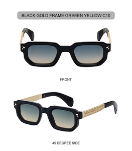 Detail view of square frame sunglasses with gold metal rivets and arrow-patterned temples