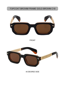 Front and 45-degree views of square brown sunglasses with gold arrow relief temples
