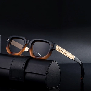 Black gradient square sunglasses with gold engraved temples and premium leather case