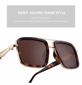 Close-up of square frame sunglasses featuring tortoiseshell texture and gold metal accents