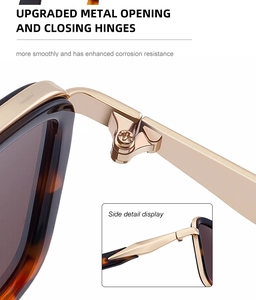 Detail of square tortoiseshell sunglasses featuring premium gold metal hinges and dark lenses