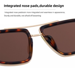 Detail of tortoise square sunglasses featuring comfortable integrated nose pads and gold bridge
