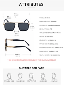 Detailed size chart and technical specifications for square frame pilot sunglasses