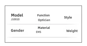 Detailed specifications table for J10010 glasses frame showing EMS material and 14.7g weight