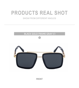 Front view of square aviator sunglasses with black gold metal frame and gray lenses
