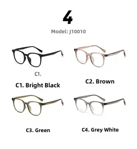 Macro shot of Model J10010 square optical frames in four diverse colors with precise specs