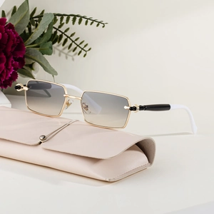 Retro square metal sunglasses with gradient lenses and luxury folding leather case