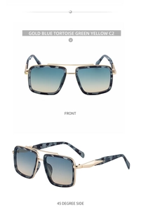 Detail of square gold metal sunglasses with blue tortoise pattern and gradient lenses