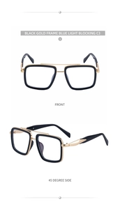 Detail of square black and gold glasses with double bridge and blue light blocking lens