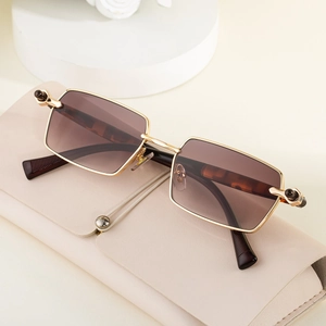 Rectangle gold metal sunglasses with brown gradient lenses and tortoiseshell temples