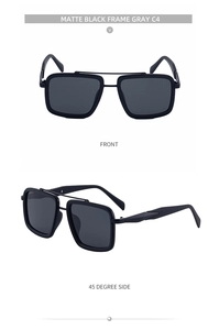 Macro detail of matte black square sunglasses with double bridge and gray lenses