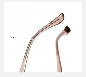 Detail view of tea-colored transparent curved anti-slip temples for square frame glasses