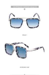 Detail of square silver metal and black tortoise frame sunglasses with blue gradient lenses