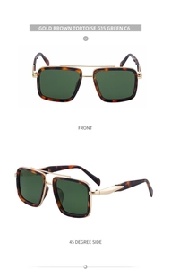 Front and 45-degree views of square tortoiseshell sunglasses with double bridge