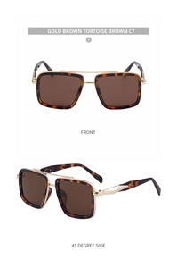 Front and 45-degree side views of square tortoise shell sunglasses with double metal bridge