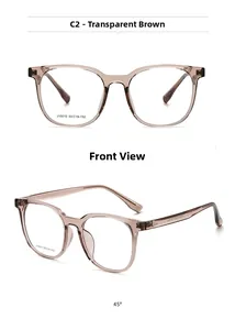 Detail view of square brown optical frames showing temple model J10010 and lens size 53-19-152