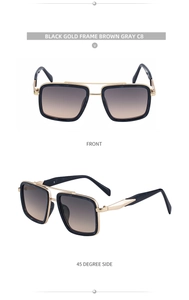 Front and 45-degree side views of square sunglasses with black gold frame and brown lenses