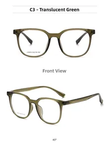 Detail view of transparent green square glasses frame with specs and front angle shot