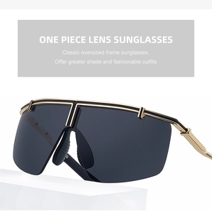 Detail of oversized one-piece cycling sunglasses with golden frame and dark grey lens