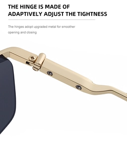 Close-up of durable golden metal hinges on sporty cycling sunglasses for men