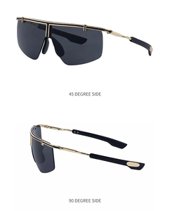 Dual view of black and gold shield sunglasses showing 45 and 90-degree side profile details