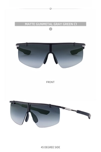 Front and side views of matte gunmetal sports sunglasses with gray green gradient lenses
