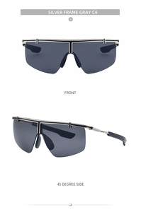 Front and side view of silver frame sports sunglasses with gray lenses and metal accents
