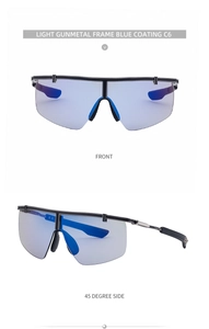 Close-up of light gunmetal sports cycling sunglasses with blue coated shield lens